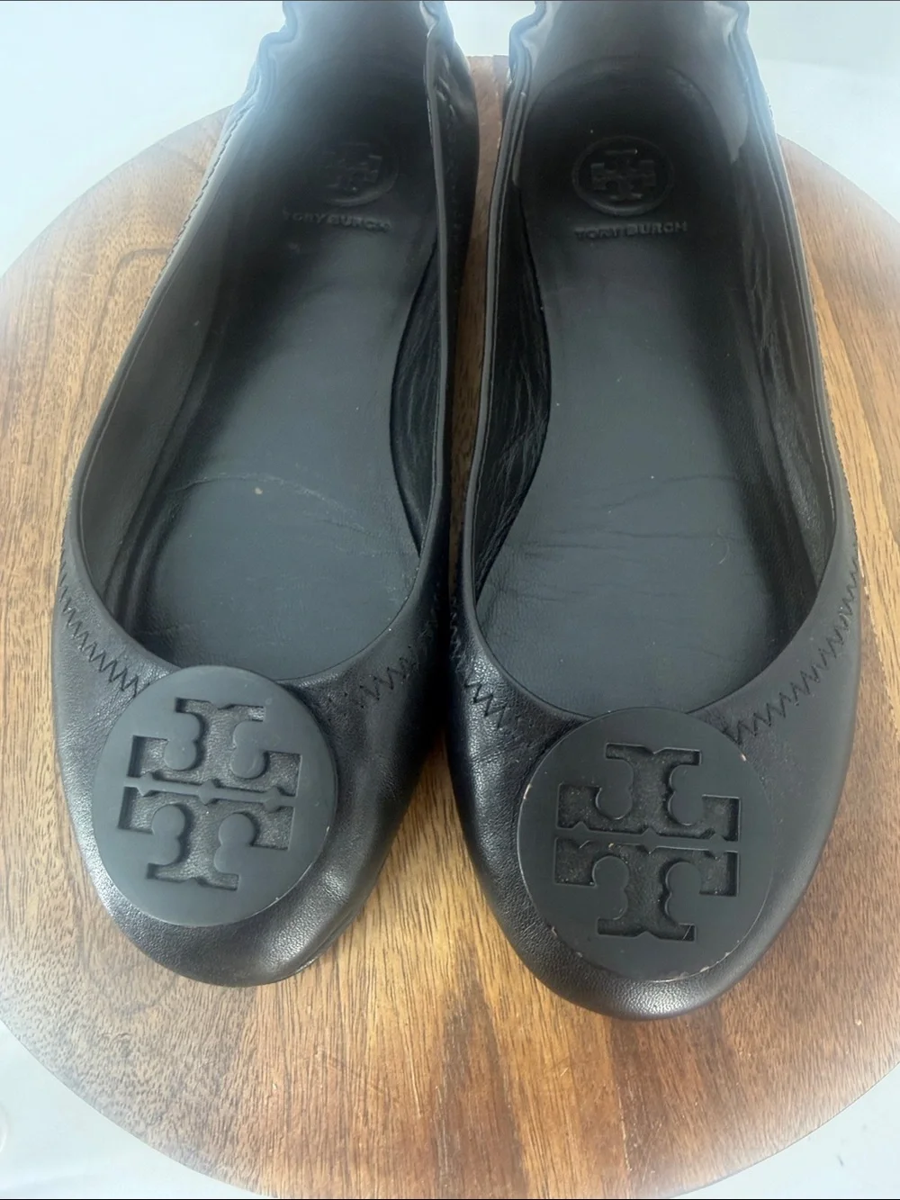 Tory Burch Minnie Black Leather Reva Logo Ballet Flats Size 6.5